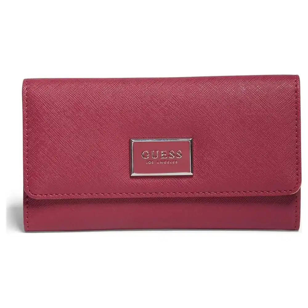 GUESS Factory Abree Women's Saffiano Slim Clutch Wallet in Red with Logo Plate, 12 Card Slots, ID Window and Zip Back Pocket - HH602651