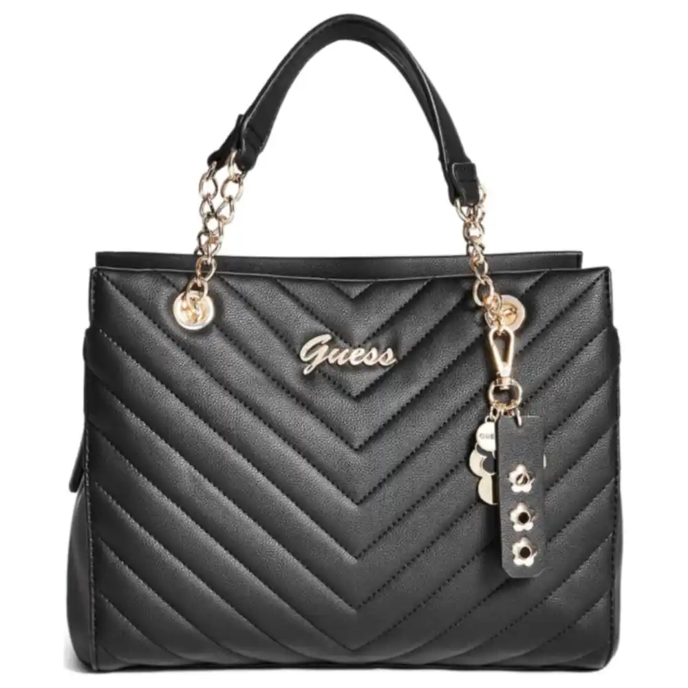 GUESS Factory Corwin Women's Chevron-Quilted Satchel in Black with Gold-Tone Chain Handles, Script Logo Charm and Removable Crossbody Strap