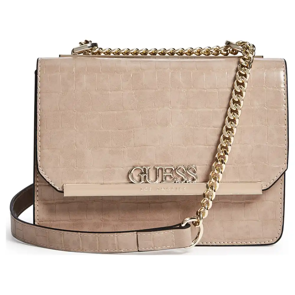 GUESS Factory Mona Women's Croc-Embossed Flap Crossbody Bag in Tan with Gold-Tone Chain Strap and Logo Bar