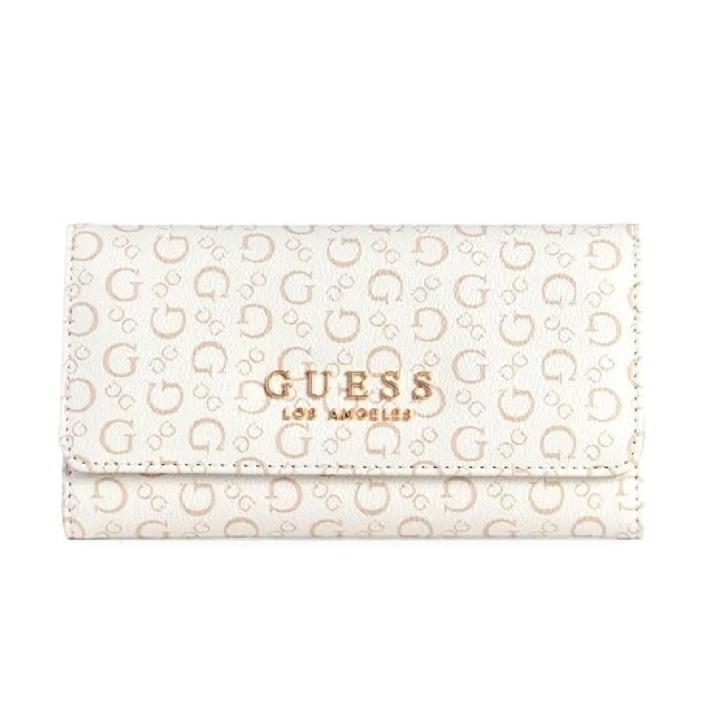 GUESS Factory Radwan Women's Slim Logo Clutch Wallet in White with Allover G Logo Print, Gold-Tone Script and Zip Back Pocket