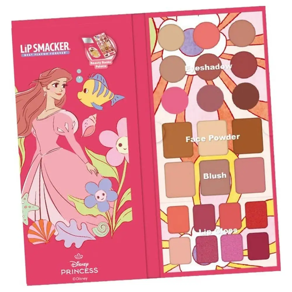 Markwins Lip Smacker Disney Princess Little Mermaid Ariel Beauty Book Palette, 9 Cream Shades, 3 Powders, 3 Blushes and 8 Lip Glosses - 1580558E