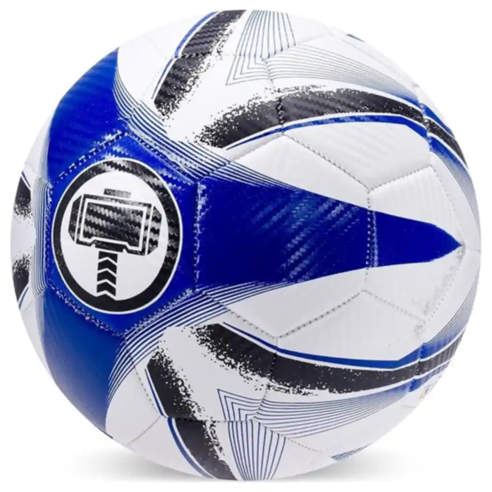 Marvel Avengers Thor White Size 5 Football with Mjolnir Emblem and Carbon Fibre Pattern Finish, Officially Licensed, White and Blue, 5 Years+ - ST-MVL146