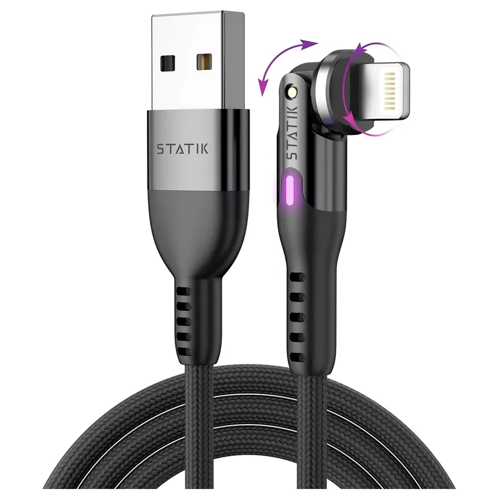 Statik PowerPivot USB-A to Lightning Cable 2m with Patented Rotating Connector, Military-Grade Braided Nylon, LED Charging Light and CarPlay Data Sync, Black - STK-CBL-0450-LTG-2M-BLK