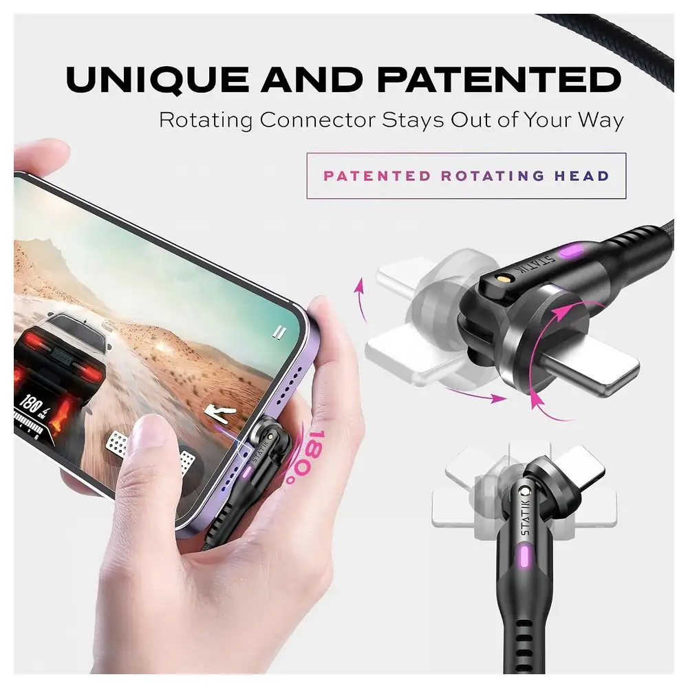 Statik PowerPivot USB-A to Lightning Cable 2m with Patented Rotating Connector, Military-Grade Braided Nylon, LED Charging Light and CarPlay Data Sync, Black - STK-CBL-0450-LTG-2M-BLK - Image 3