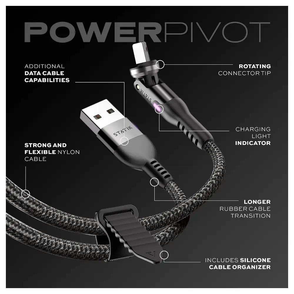 Statik PowerPivot USB-A to Lightning Cable 2m with Patented Rotating Connector, Military-Grade Braided Nylon, LED Charging Light and CarPlay Data Sync, Black - STK-CBL-0450-LTG-2M-BLK - Image 4