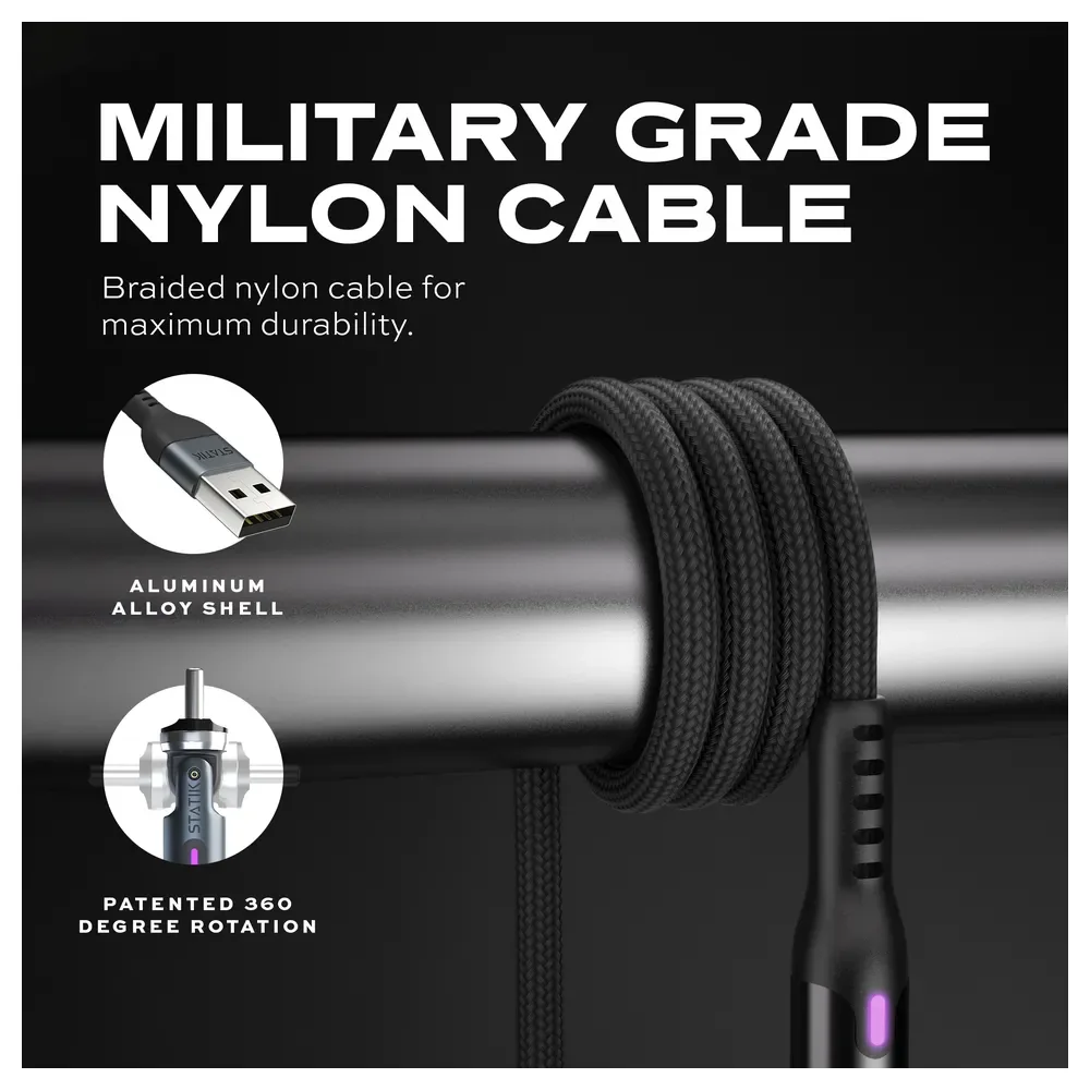 Statik PowerPivot USB-A to Lightning Cable 2m with Patented Rotating Connector, Military-Grade Braided Nylon, LED Charging Light and CarPlay Data Sync, Black - STK-CBL-0450-LTG-2M-BLK - Image 5