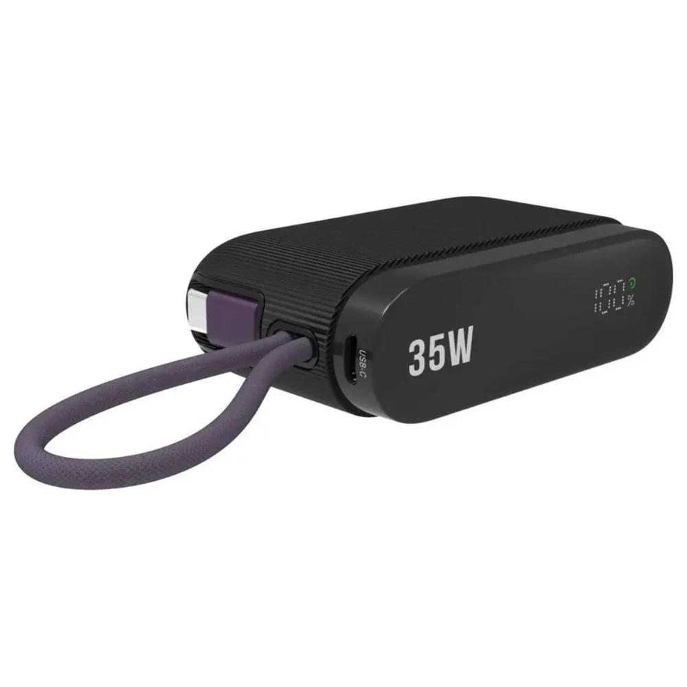 Swiss Military 10000mAh Mini Power Bank with Built-in USB-C Lanyard Cable, 35W USB-C PD Fast Charging, USB-C and USB-A Ports for 3 Devices, Digital LED Display, Black - SM-PB-10K-35W-MINI-LED-CBL-BLK