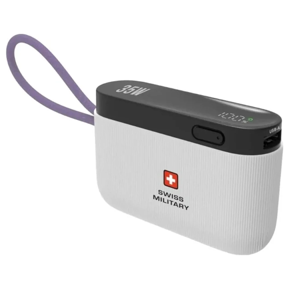 Swiss Military 10000mAh Mini Power Bank with Built-in USB-C Lanyard Cable, 35W USB-C PD Fast Charging, USB-C and USB-A Ports for 3 Devices, Digital LED Display, White - SM-PB-10K-35W-MINI-LED-CBL-WHI