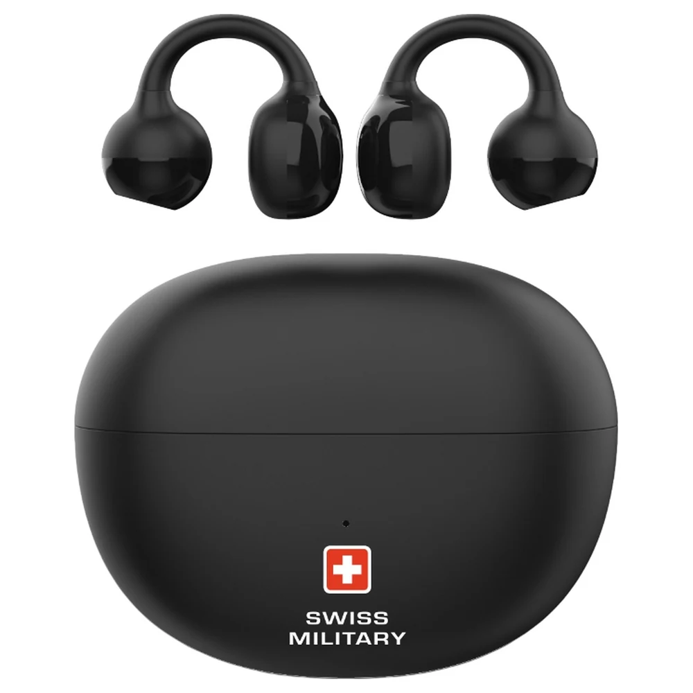 Swiss Military Delta 6 Open-Ear Clip-On True Wireless Earbuds with Air Conduction Sound, Lag-Free Gaming, 150H Standby, USB-C Fast Charging and Water Resistance, Black - SM-TWS-DELTA6-BLK