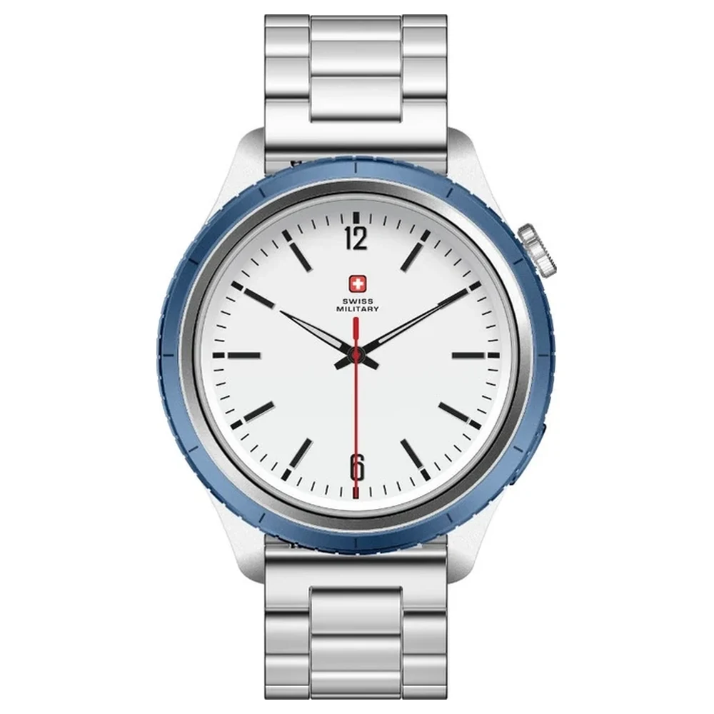 Swiss Military DOM 8 Smartwatch with Detachable Blue Bezel Ring, 1.43-Inch AMOLED, Bluetooth Calling, IP67 and Wireless Charging, Silver Steel Strap - SM-WCH-DOM8-SILF-BLU-RING-STLS
