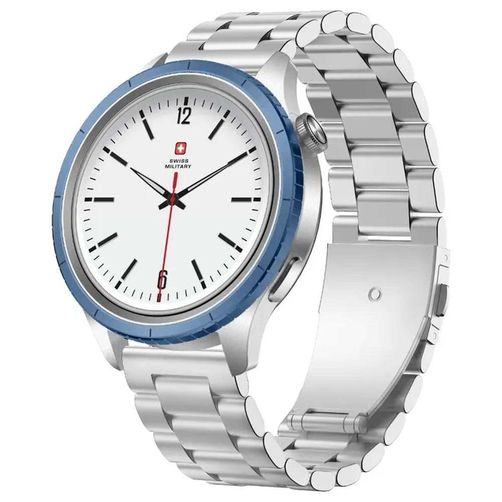 Swiss Military DOM 8 Smartwatch with Detachable Blue Bezel Ring, 1.43-Inch AMOLED, Bluetooth Calling, IP67 and Wireless Charging, Silver Steel Strap - SM-WCH-DOM8-SILF-BLU-RING-STLS - Image 2