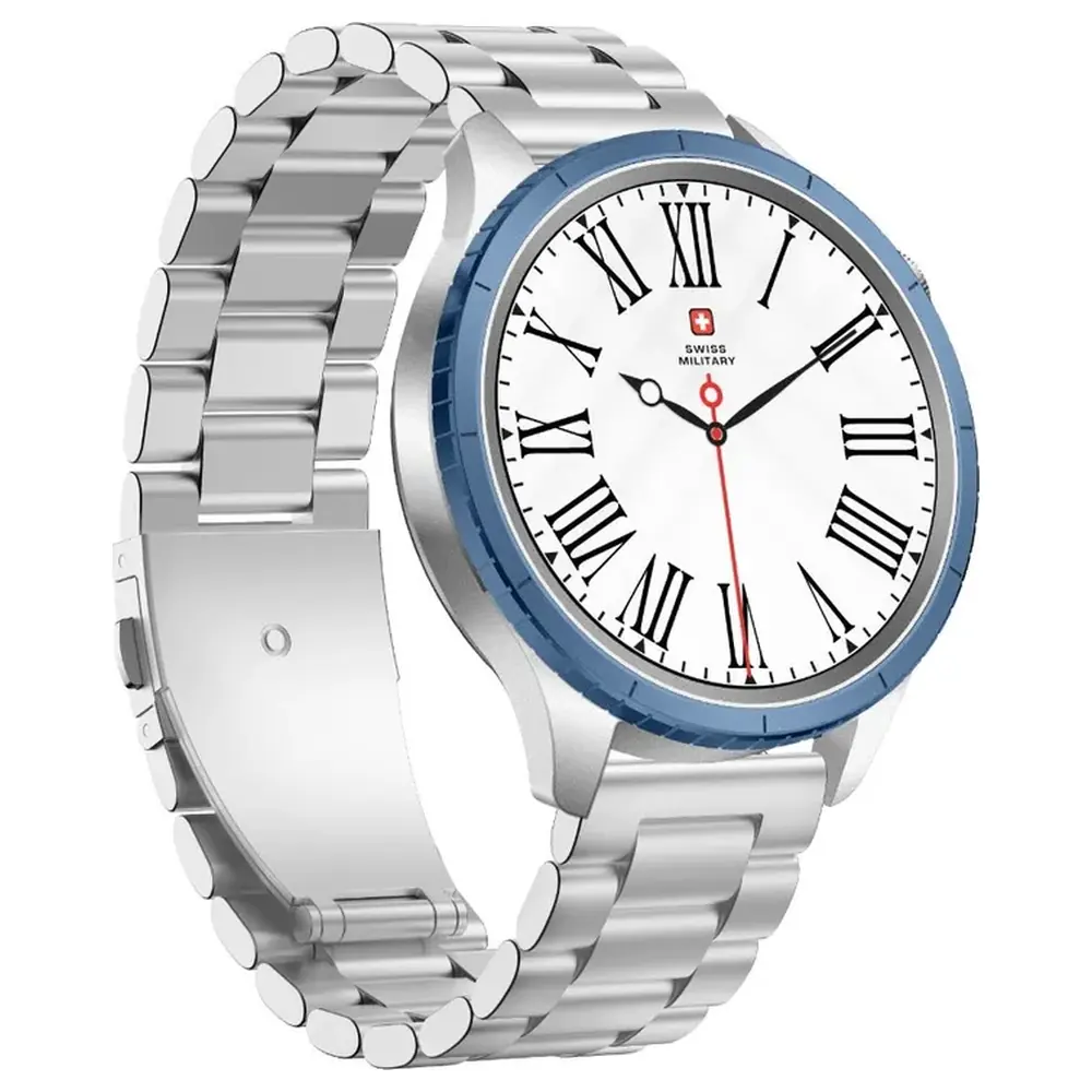Swiss Military DOM 8 Smartwatch with Detachable Blue Bezel Ring, 1.43-Inch AMOLED, Bluetooth Calling, IP67 and Wireless Charging, Silver Steel Strap - SM-WCH-DOM8-SILF-BLU-RING-STLS - Image 3