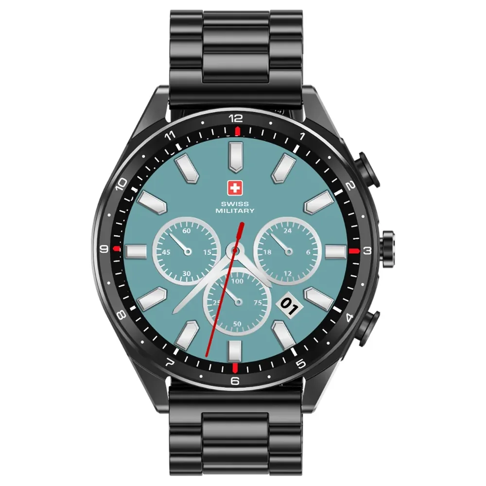Swiss Military DOM Music Smartwatch with Built-in TWS Earbuds, 512MB Music Storage, 1.43-Inch AMOLED Display, Health Tracking, Gunmetal Frame and Black Metal Strap - SM-WCH-DOM-MUS1-GUNMF-BLKMS
