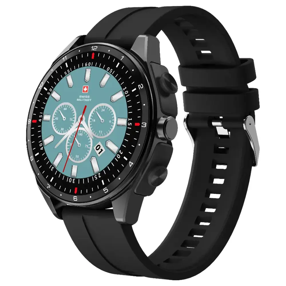 Swiss Military DOM Music Smartwatch with Built-in TWS Earbuds, 512MB Music Storage, 1.43-Inch AMOLED Display, Health Tracking, Gunmetal Frame and Black Silicone Strap - SM-WCH-DOM-MUS1-GUNMF-BLKSS