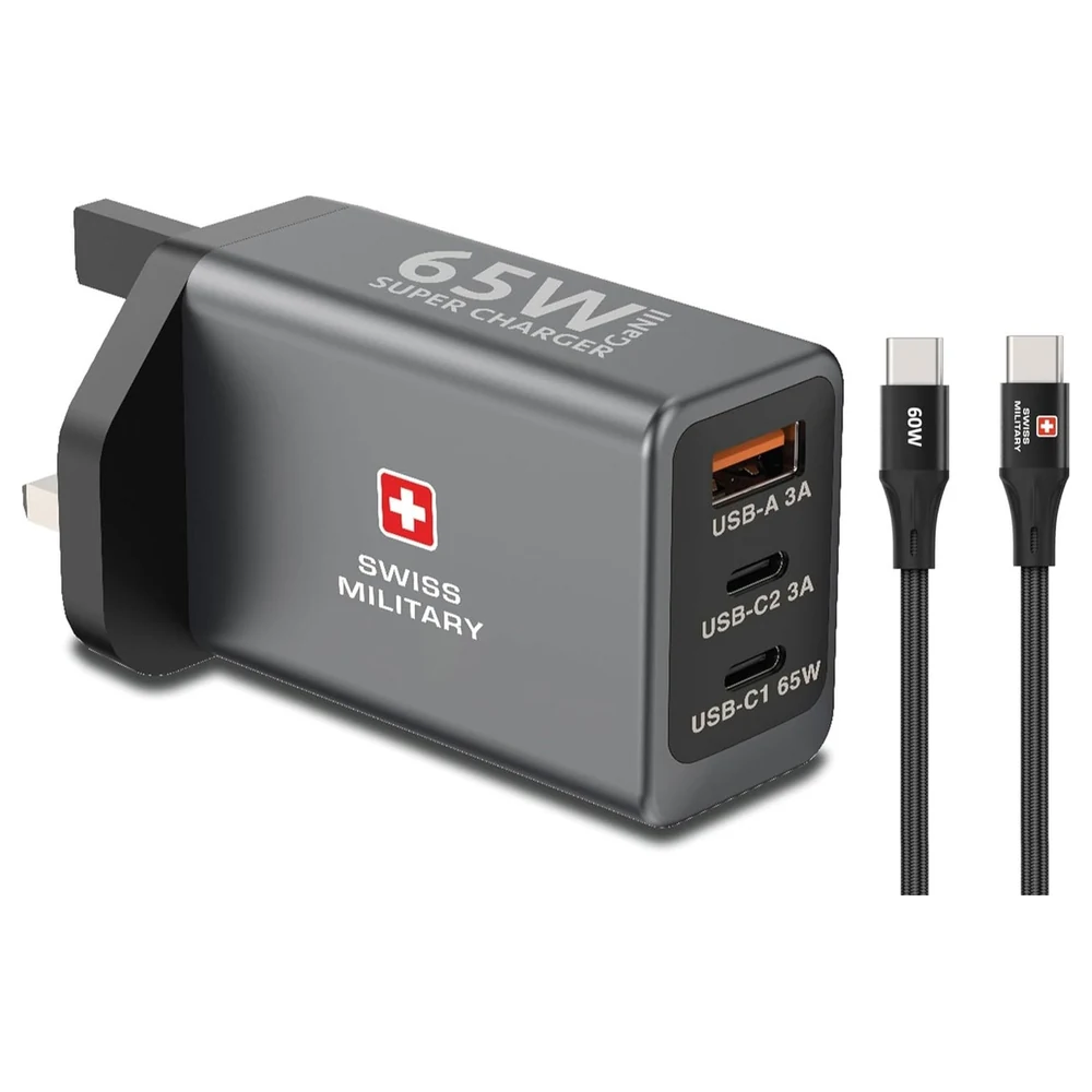Swiss Military GaN II 65W Super Charger with 2 USB-C PD and 1 USB-A Ports, PPS Fast Charging for Laptops and Phones, Includes 60W Braided USB-C to USB-C Cable, Grey - SM-GaNII-65W-2C1A-GRY+CB-CC60W