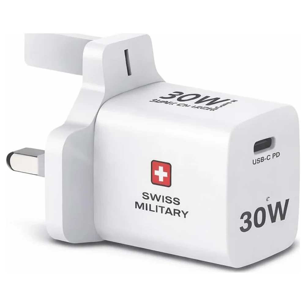 Swiss Military Power Station GaN II 30W Super Mini Wall Charger with USB-C PD and PPS Fast Charging for iPhone and Samsung Phones, Compact Travel Design, White - SM-GaNII-30W-1C-PD-MINI-WHI