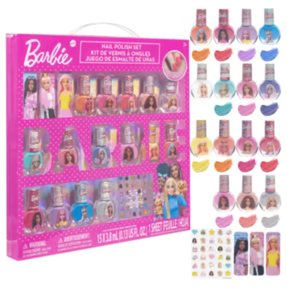 Townley Girl Barbie 18-Piece Kids Nail Polish Set, 15 Peelable Water-Based Polishes with 3 Files and Sticker Sheet, 3 Years+ - BB0440GG