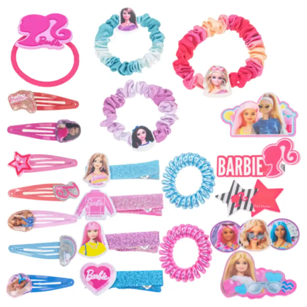 Townley Girl Barbie 22-Piece Hair Accessory Set with 16 Clips, Printed Scrunchies and Spiral Coil Ties, Kids Styling Kit, 3 Years+ - BB0468GG