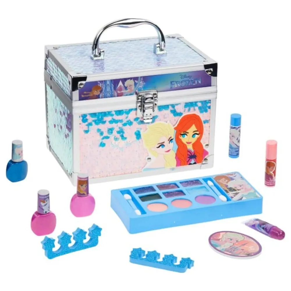 Townley Girl Disney Frozen Train Case Makeup Set with Mirror, Face and Cheek Shimmers, Nail Polish, Lip Gloss and Balm, 21 Pieces, 3 Years+ - FZ4514GG