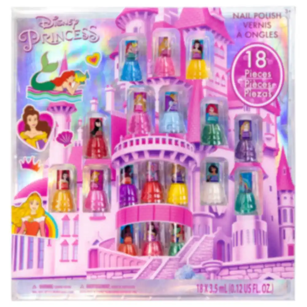 Townley Girl Disney Princess Peelable Kids Nail Polish Set, 18 Glittery and Opaque Shades with Toe Separators and Nail File, Water-Based Quick-Dry Formula, 3 Years+ - DP3903GB