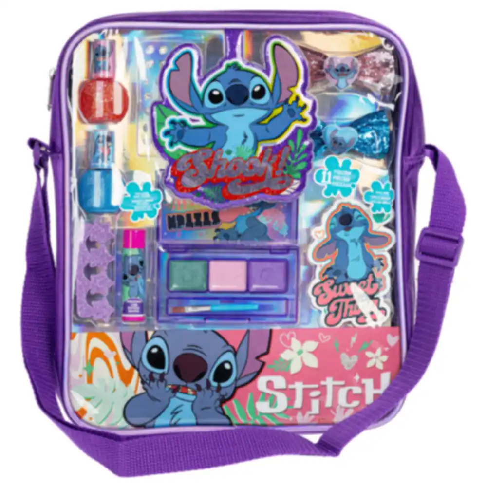 Townley Girl Disney Stitch Makeup Shoulder Bag Set with Lip Gloss Compact, Peelable Nail Polish, Hair Bows and Gems, 11 Pieces, 3 Years+ - SI0015GG