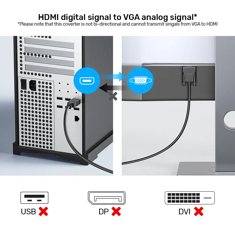 Unitek 2M HDMI to VGA Adapter Cable, Full HD 1080p 60Hz Video Converter for Laptop, Desktop, Monitor, Projector and VGA Display Devices, Black - V1185A01 - Image 7