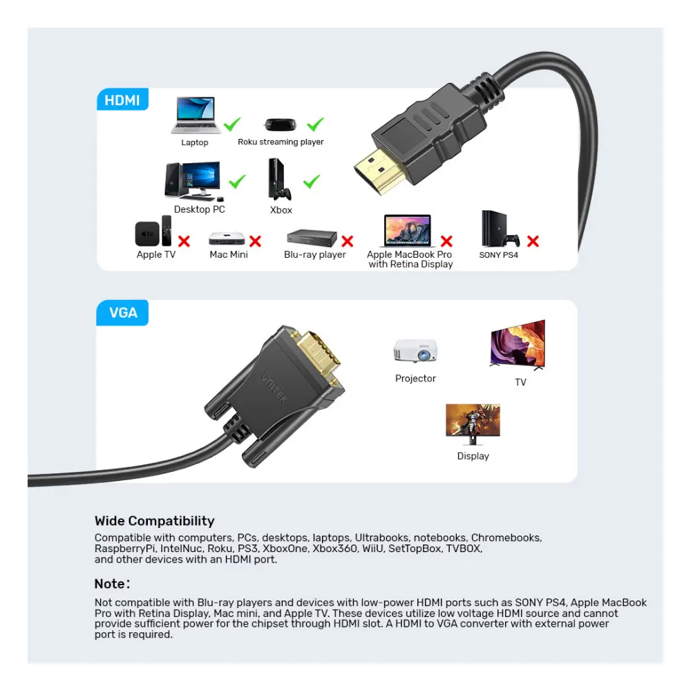 Unitek 2M HDMI to VGA Adapter Cable, Full HD 1080p 60Hz Video Converter for Laptop, Desktop, Monitor, Projector and VGA Display Devices, Black - V1185A01 - Image 9