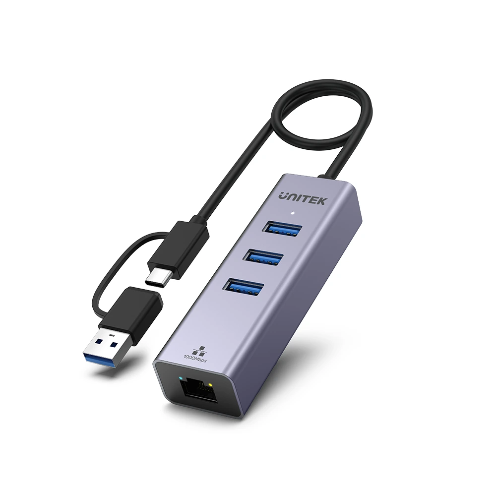 Unitek 4-in-1 Ethernet Hub, 1Gbps Ethernet, 3 USB 3.0 Ports, 5Gbps USB, Aluminum, Space Grey - Y-3088B