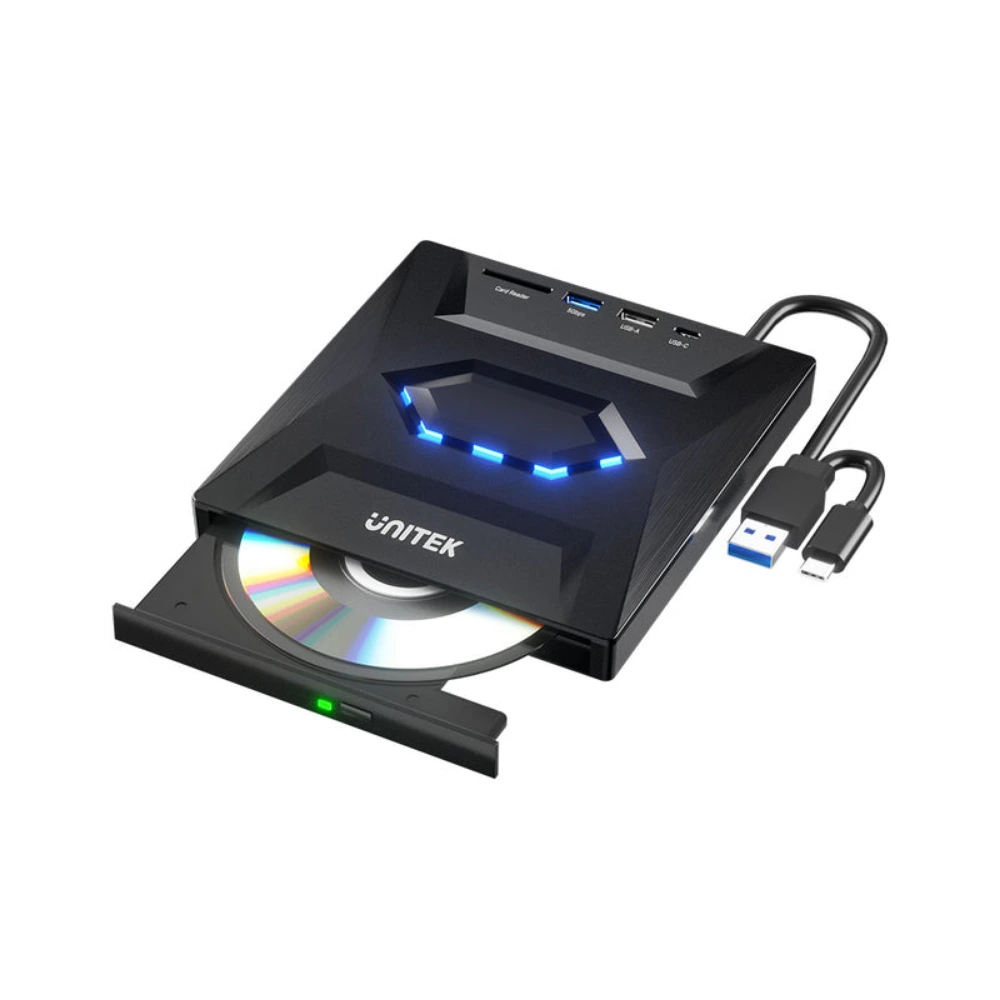 Unitek 5-in-1 External Optical Drive with USB Hub, CD & DVD Read and Write, 2 x USB-A, USB-C, SD Card Slot, 5Gbps, Windows & Mac OS, Slim Design, Black - T1037A01