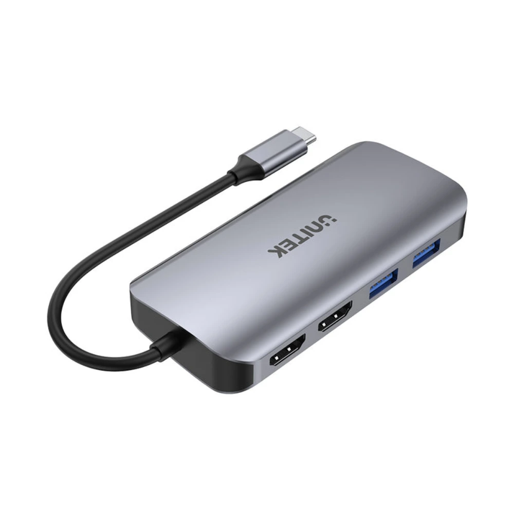 Unitek 8-in-1 USB-C Hub, Dual HDMI 4K 60Hz, Gigabit Ethernet, 100W Power Delivery, SD & Micro SD Card Reader, 2 x USB-A 5Gbps, Aluminium, Space Grey - D1122A01 - Image 2
