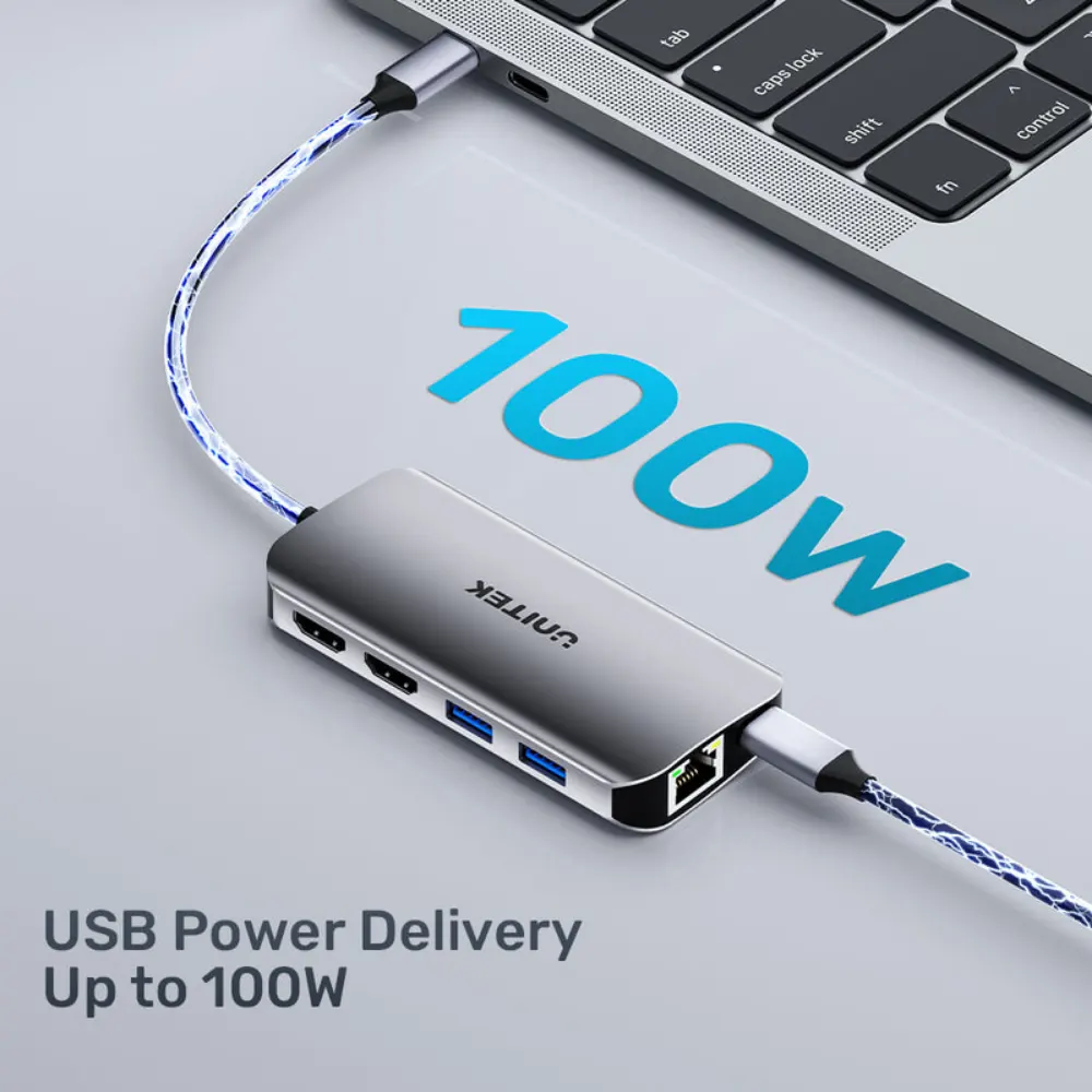 Unitek 8-in-1 USB-C Hub, Dual HDMI 4K 60Hz, Gigabit Ethernet, 100W Power Delivery, SD & Micro SD Card Reader, 2 x USB-A 5Gbps, Aluminium, Space Grey - D1122A01 - Image 6