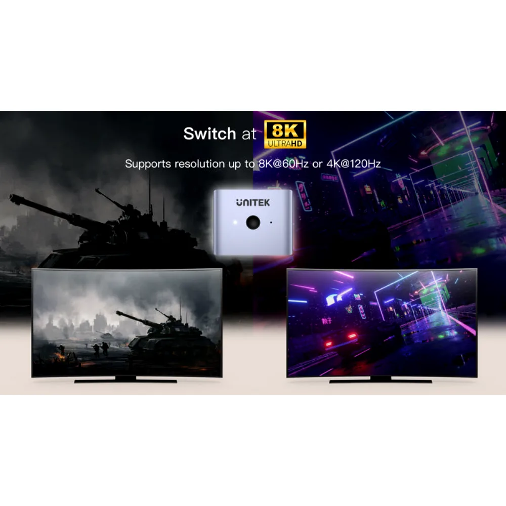 Unitek 8K HDMI 2.1 Bi-Directional Switch, 2 In 1 Out or 1 In 2 Out, 8K 60Hz, One-Key Switching, USB-C Powered, Aluminium, For PS5, Xbox & PC, Space Grey - V1163A - Image 6