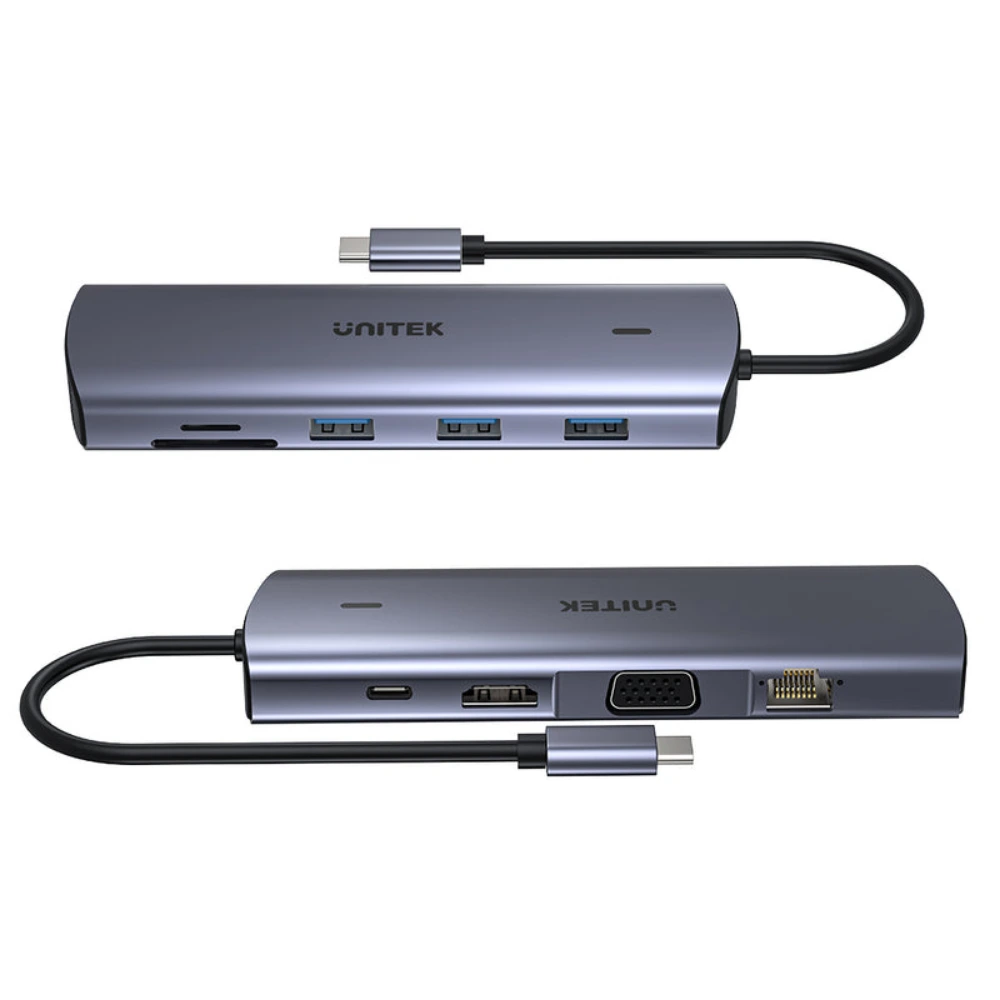 Unitek 9-in-1 USB-C Hub, Dual Display HDMI 4K & VGA, Dual SD & Micro SD Card Reader, Gigabit Ethernet, 100W Power Delivery, 3 x USB-A 5Gbps, Aluminium, Space Grey - D1113A - Image 3