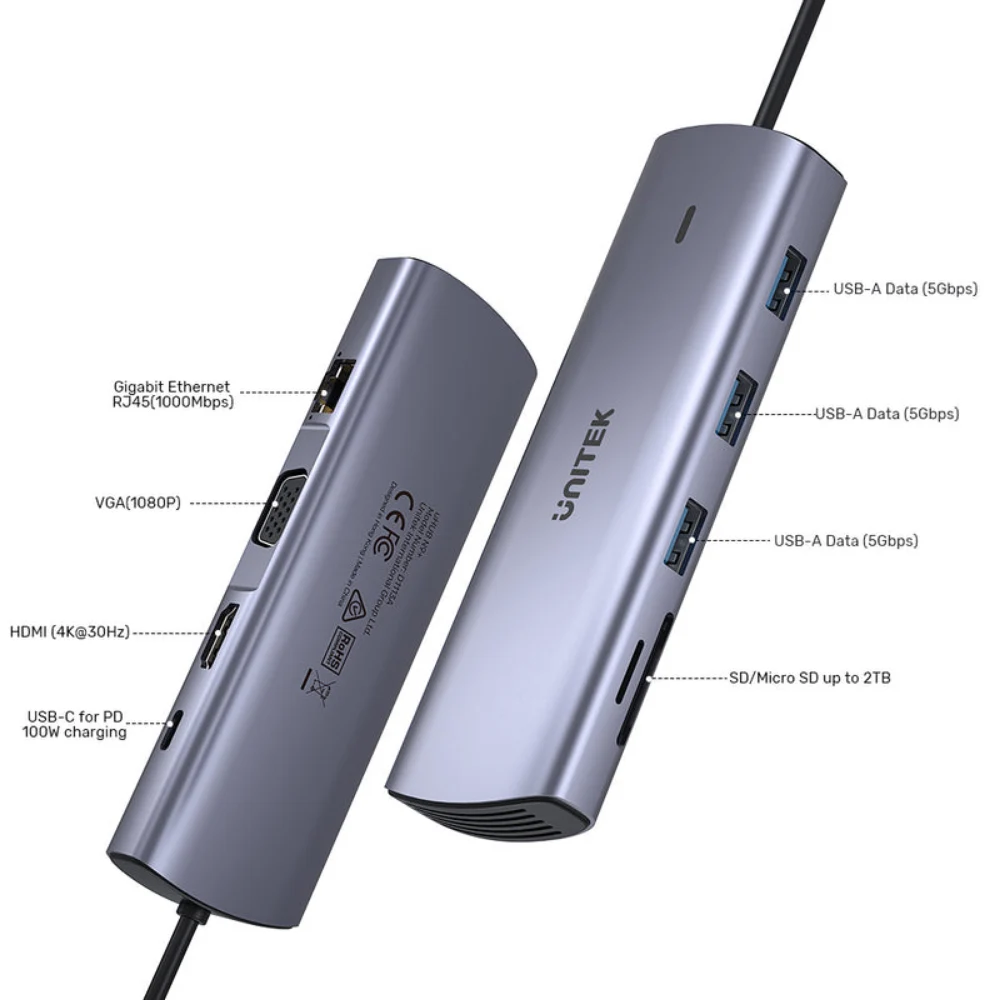Unitek 9-in-1 USB-C Hub, Dual Display HDMI 4K & VGA, Dual SD & Micro SD Card Reader, Gigabit Ethernet, 100W Power Delivery, 3 x USB-A 5Gbps, Aluminium, Space Grey - D1113A - Image 7