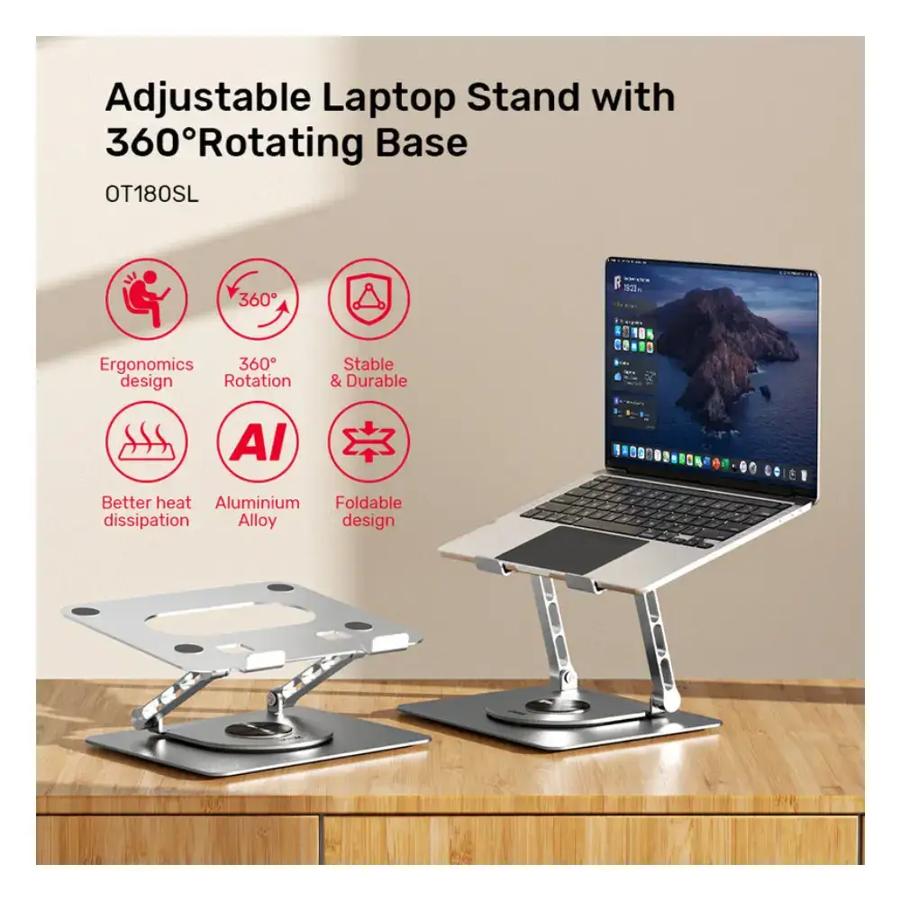 Unitek Adjustable Laptop Stand with 360 Degree Rotating Base, For 10 to 16 Inch Laptops, Aluminium Alloy, Supports up to 4.4kg, Ergonomic Height, Space Grey - OT180SL01 - Image 3