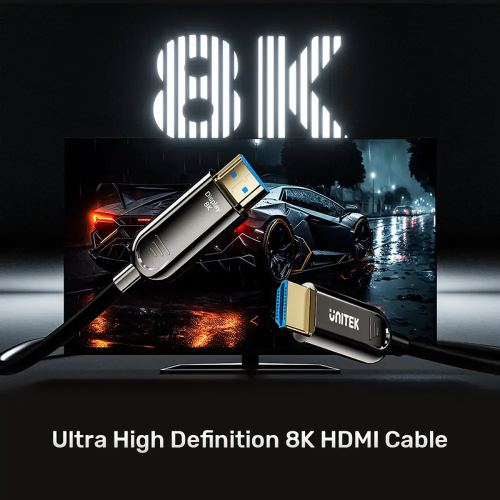 Unitek Fiber Optic 8K HDMI 2.1 Cable, 8K 60Hz, 4K 120Hz & 144Hz, 48Gbps, HDR10, eARC, ALLM, Lossless Long Distance, Gold-Plated, Slim 4.6mm, Black - C11085GY01-10M - Image 4