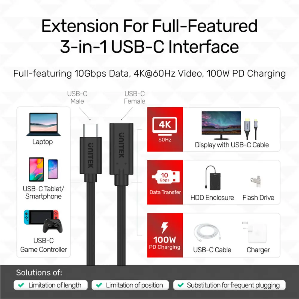 Unitek Full-Featured USB-C Extension Cable, 4K 60Hz Video, 100W PD, 10Gbps USB 3.2 Gen2, Male to Female, For Nintendo Switch & USB-C Devices, Black - C14086BK - Image 4