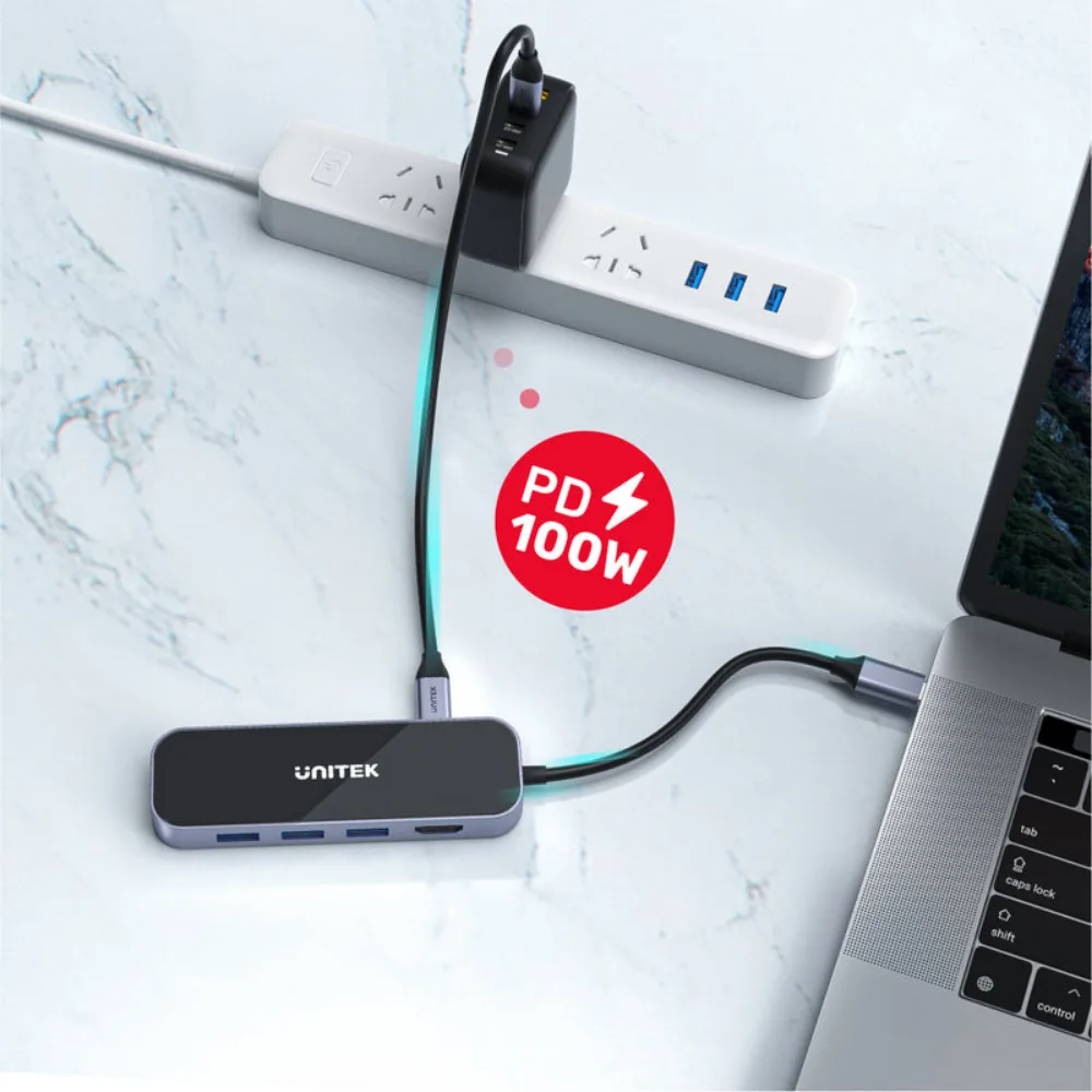 Unitek uHUB H6 Gloss 6-in-1 USB-C Ethernet Hub, HDMI 4K 30Hz, Gigabit Ethernet, 100W Power Delivery, 3 x USB-A 5Gbps, Glass Panel & Aluminium Frame, Black & Space Grey - D1084A - Image 6
