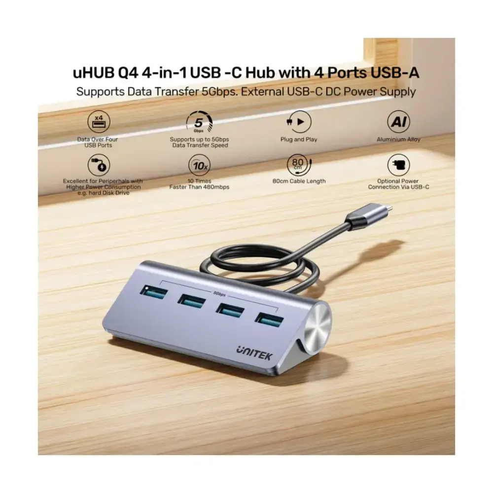 Unitek uHUB Q4 4-in-1 USB-C Hub, 4 x USB-A 5Gbps Ports, External 5V DC Power, Anti-Reverse Current Protection, 33 Degree Slope Design, 80cm Cable, Space Grey - H1337BGY01 - Image 3