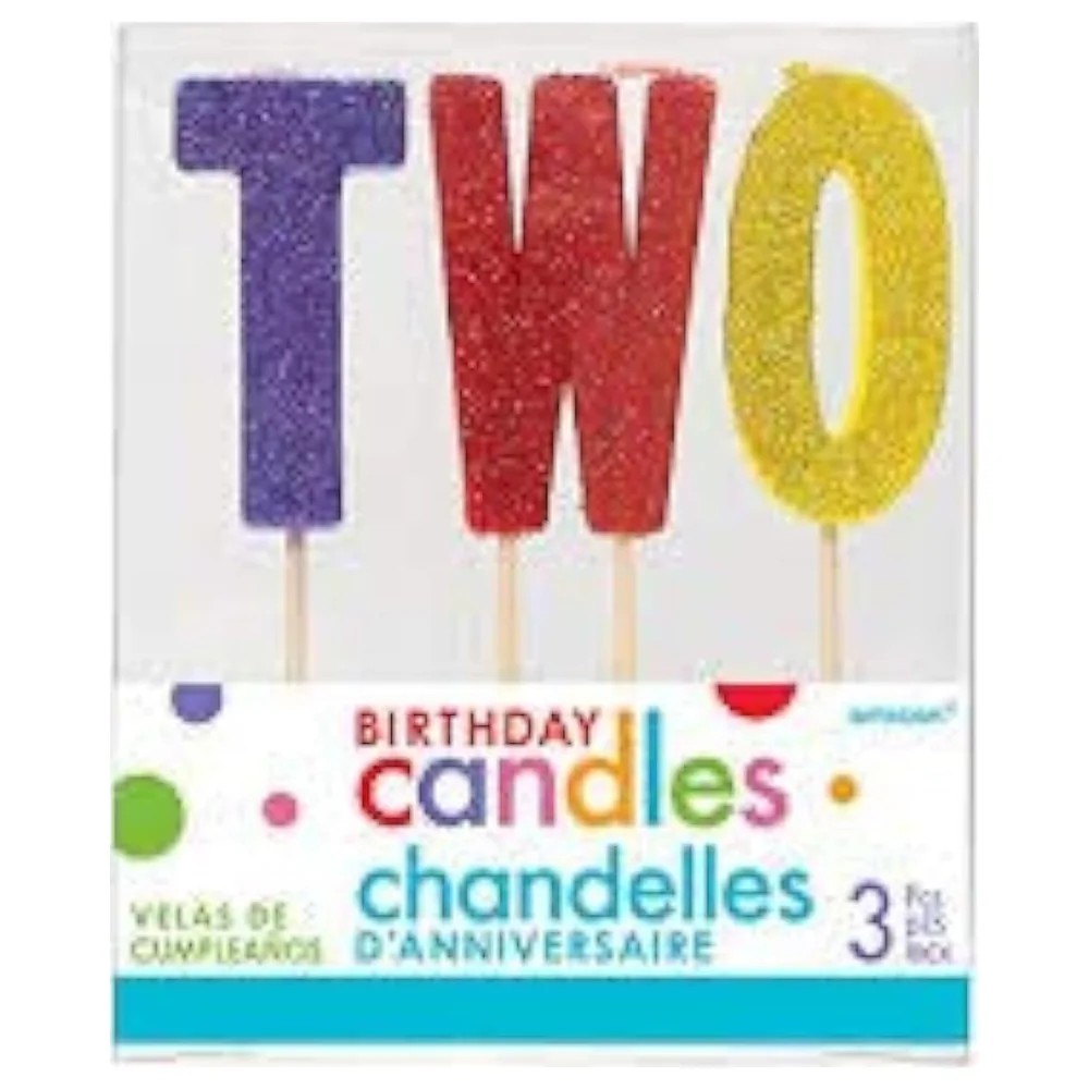Amscan TWO Glitter Birthday Candle Picks, Multicolour Purple, Red and Yellow Letter Candles on Wooden Picks for Second Birthday Cakes