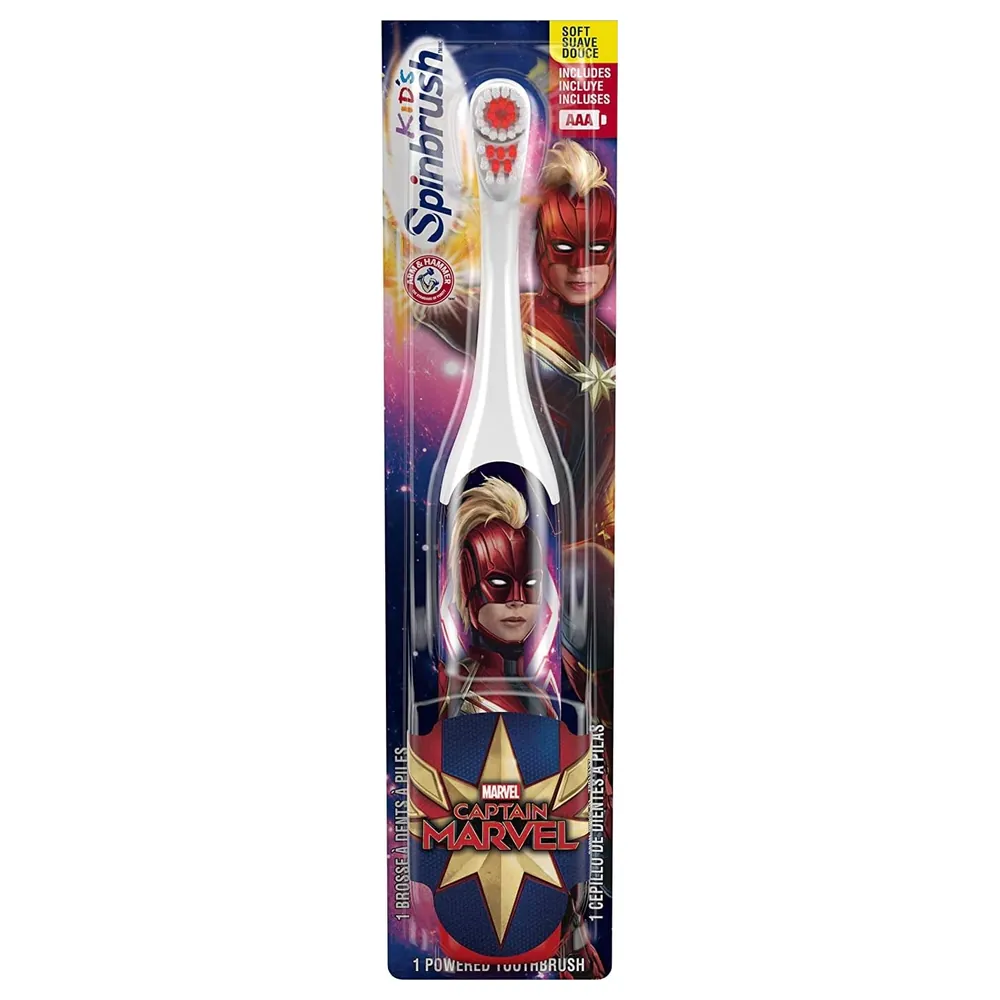Arm & Hammer Kid's Spinbrush Captain Marvel Battery Powered Toothbrush with Soft Bristles and Spinning Head, AAA Batteries Included