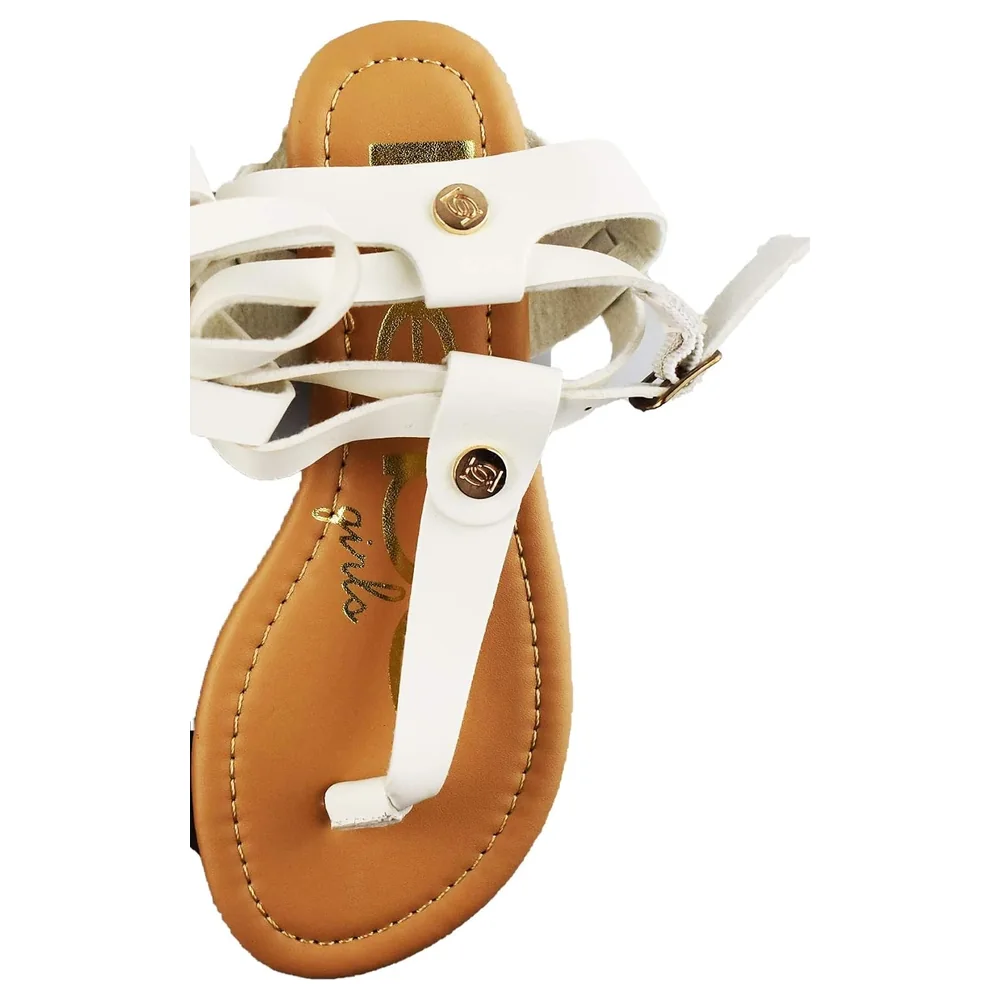 bebe Girls T-Strap Thong Flat Sandals in White, Vegan Leather Upper with Adjustable Buckle Strap, Size 11 Little Kid - Image 3