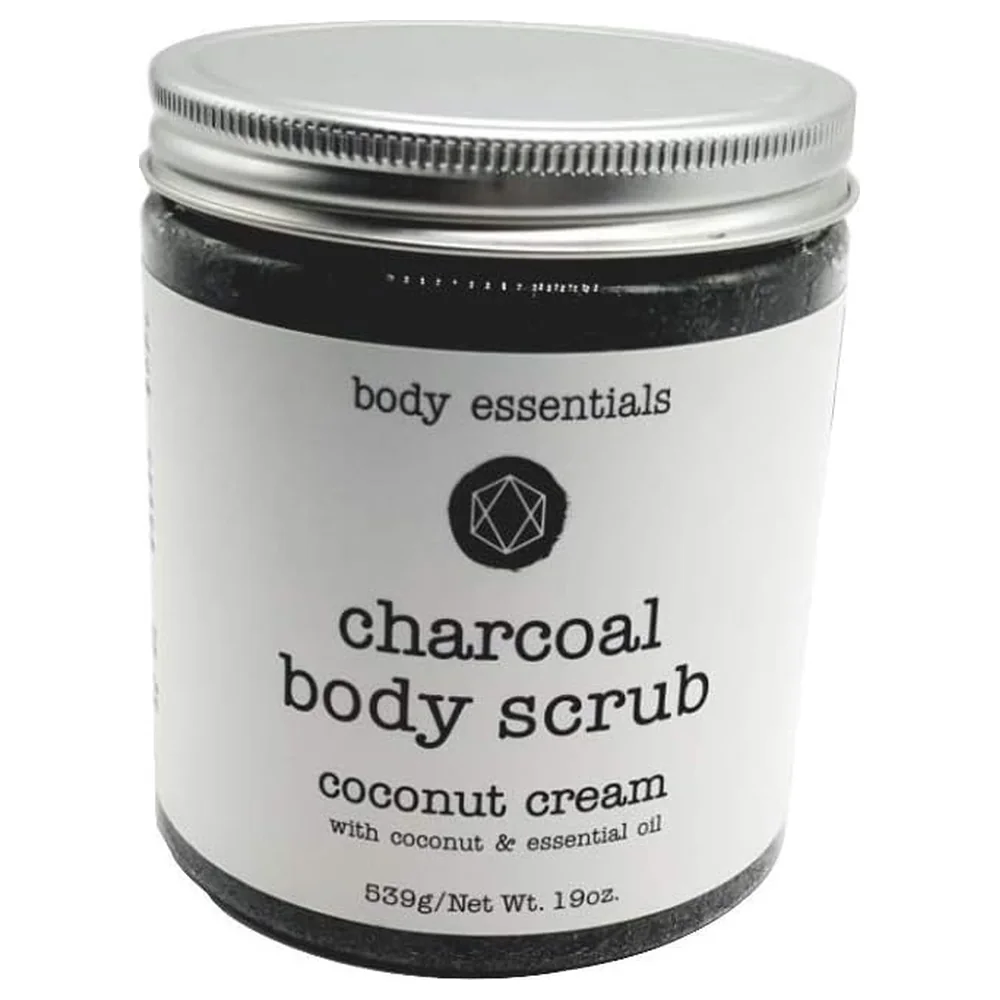 Body Essentials Charcoal Body Scrub Coconut Cream with Coconut and Essential Oil, Large 539 g Jar
