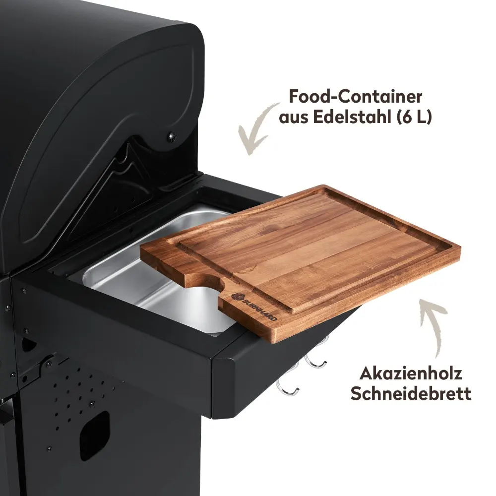 Burnhard FRED Deluxe 3-Burner Gas Grill Black Edition Series 3, Stainless Steel Grate, Side Burner, Smoker Box, Acacia Board and Cover, Black - 945968 - Image 6