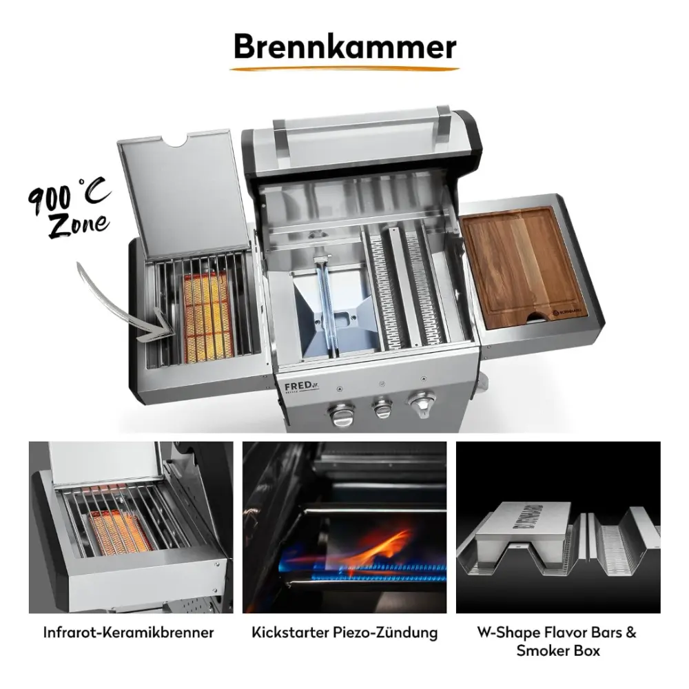 Burnhard FRED Jr 2-Burner Gas Grill Deluxe Series 3, Stainless Steel Grate, Infrared Side Burner, Smoker Box, Acacia Board and Cover, Stainless Steel - 945965 - Image 4