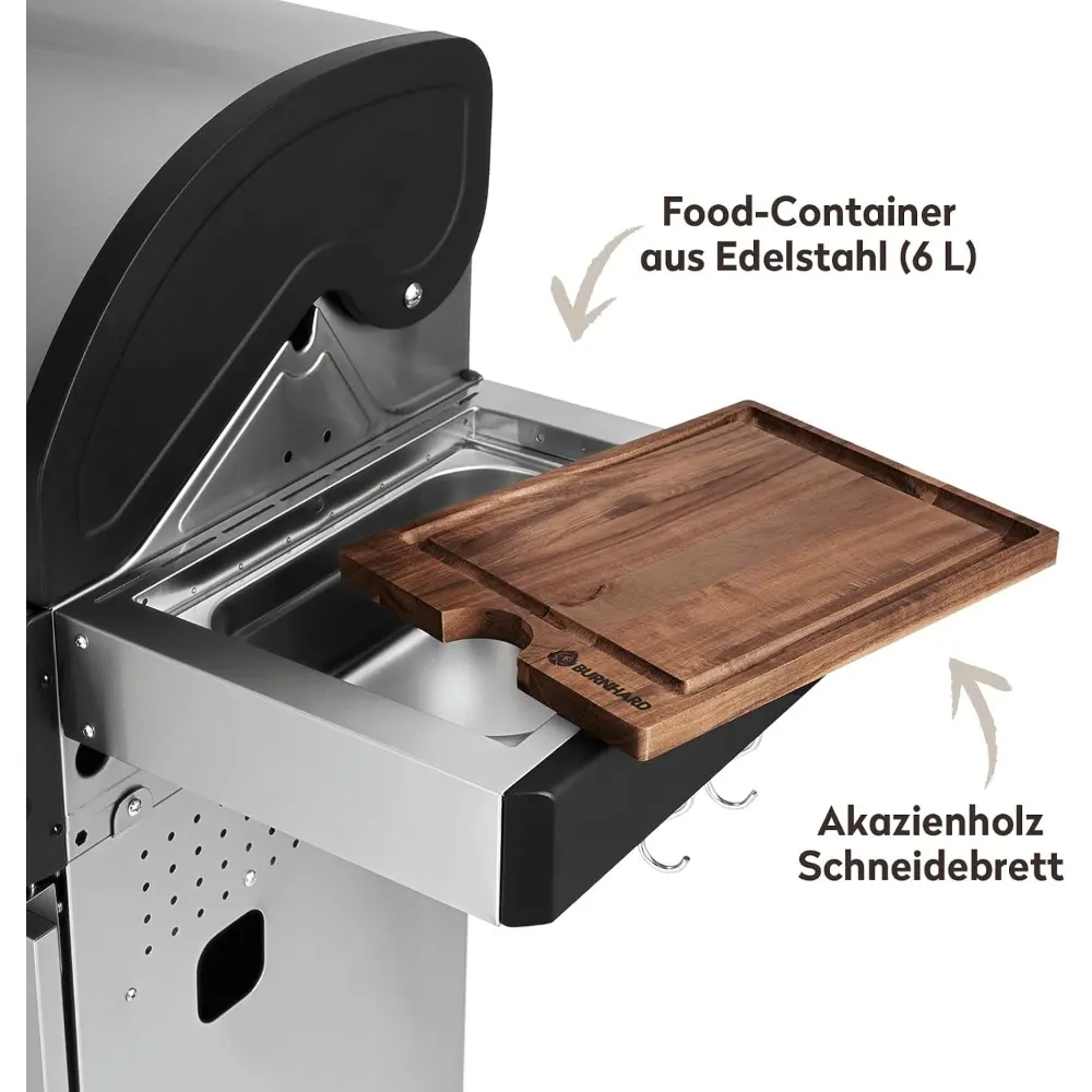 Burnhard FRED Jr 2-Burner Gas Grill Deluxe Series 3, Stainless Steel Grate, Infrared Side Burner, Smoker Box, Acacia Board and Cover, Stainless Steel - 945965 - Image 9