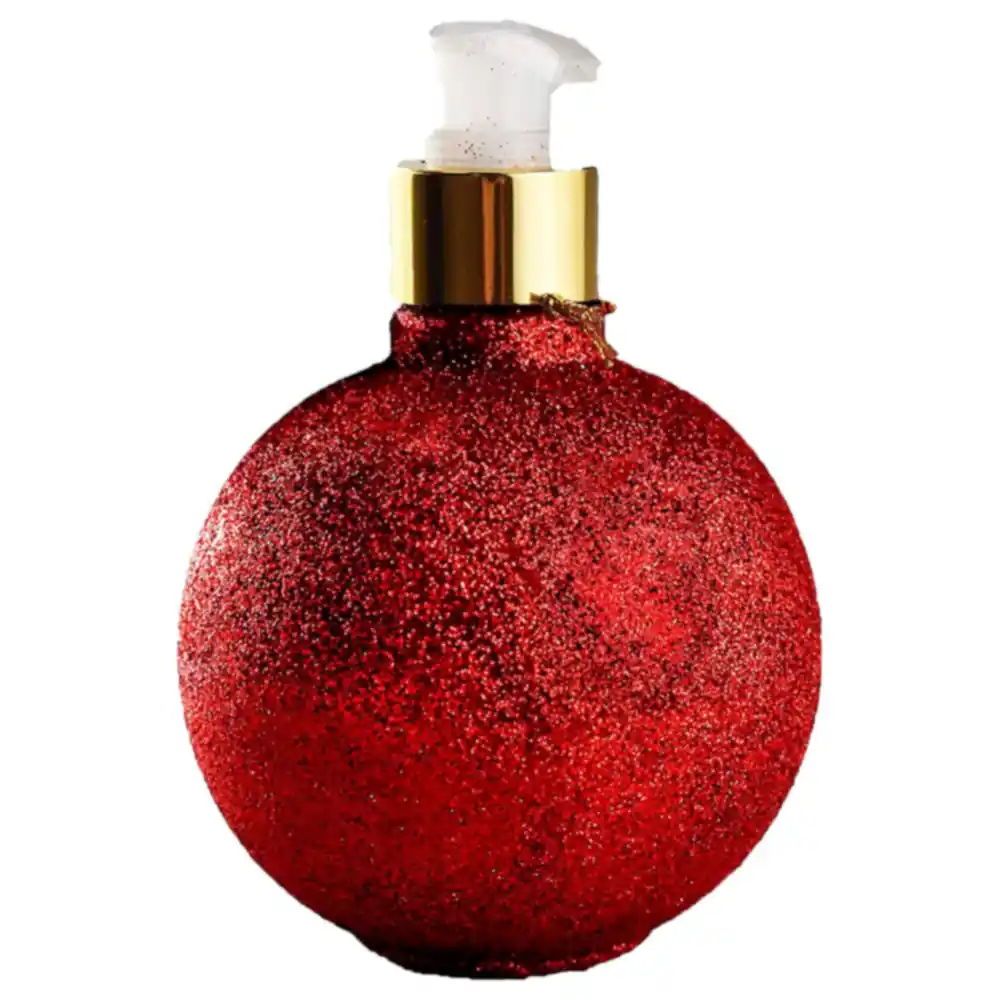 Christmas Ornament Hand Soap Pump Bottle 15.5 oz, Red Glitter Bauble Design with Gold-Tone Collar, Creamy Lathering Hand Wash