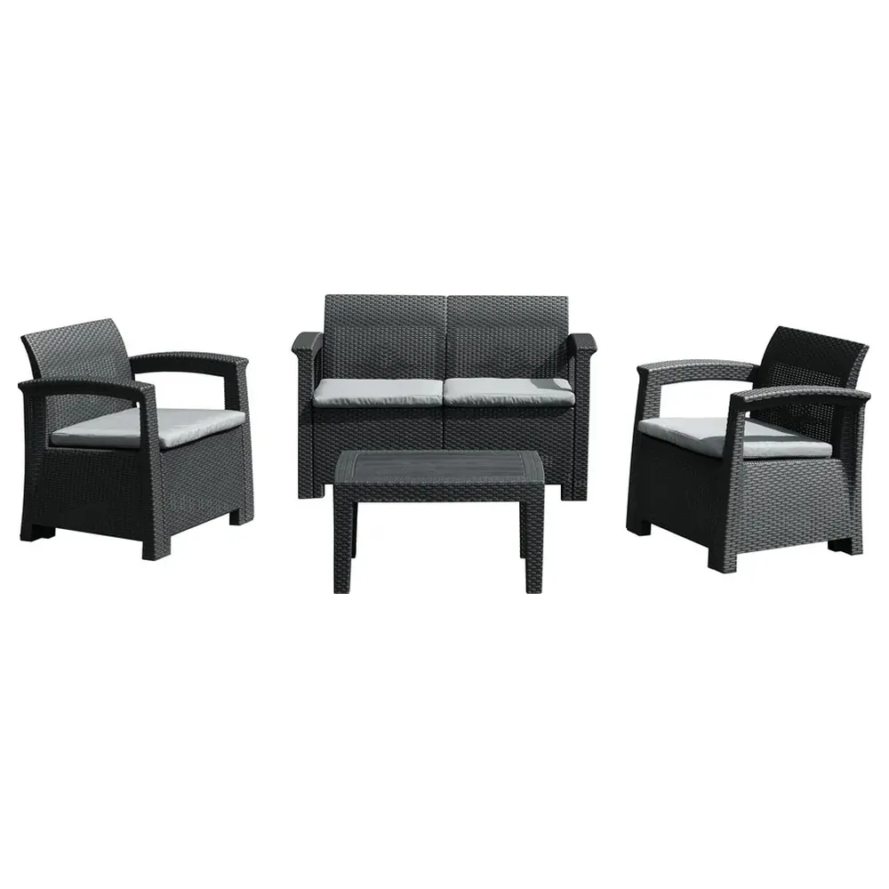 Desert Ranger Osaka 4 Piece Plastic Garden Sofa Set with Rattan Effect, Two Armchairs, Two Seater Sofa, Coffee Table and Cushions - SF4-4P