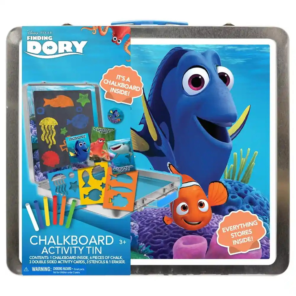 Disney Pixar Finding Dory Deluxe Chalkboard Activity Tin with Chalkboard, Chalk, Stencils, Activity Cards and Eraser, Multicolour