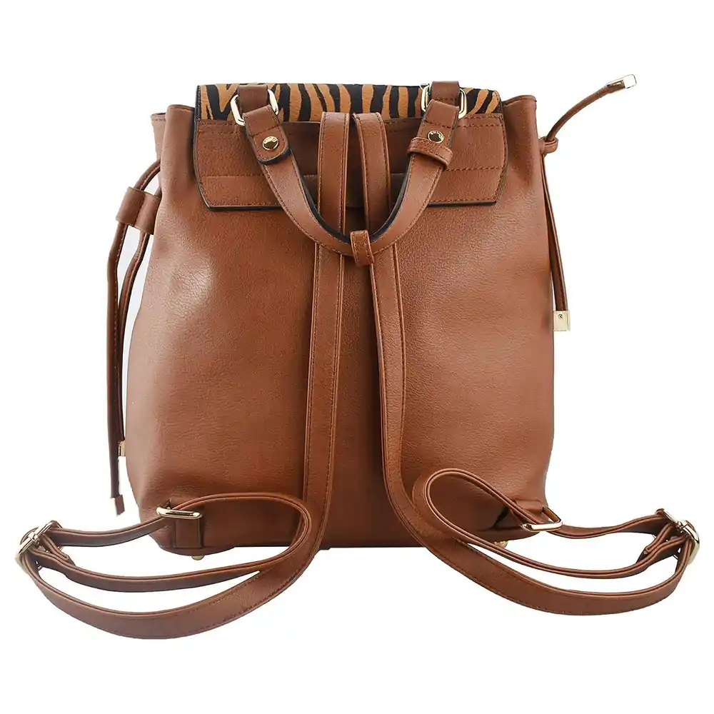 Dune London Tiger Print Calf Hair Flap Backpack with Gold-Tone Turn Lock, Chain Detail, Drawstring Top and Adjustable Straps for Women - Image 2
